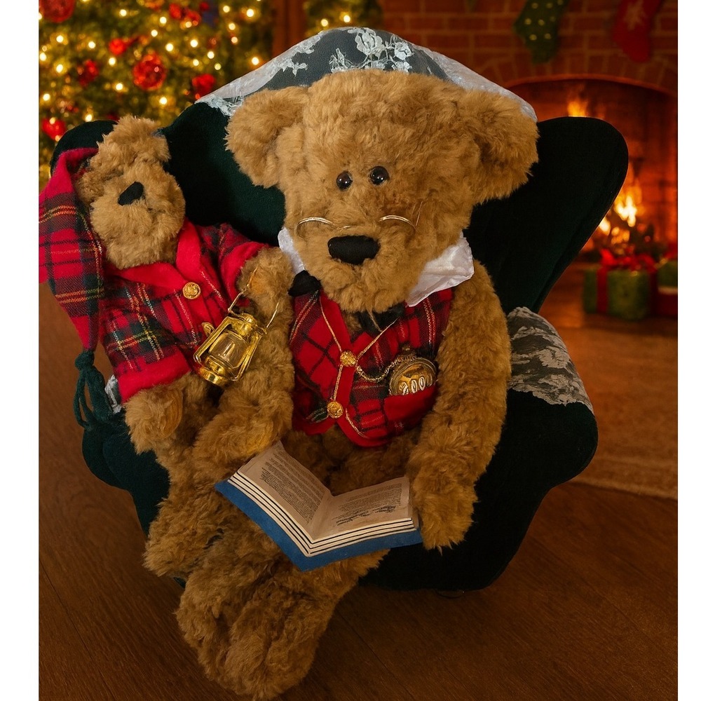 Vintage Dan Dee Grandpa & Baby Bear Limited Edition 2000 With Green Velvet Chair